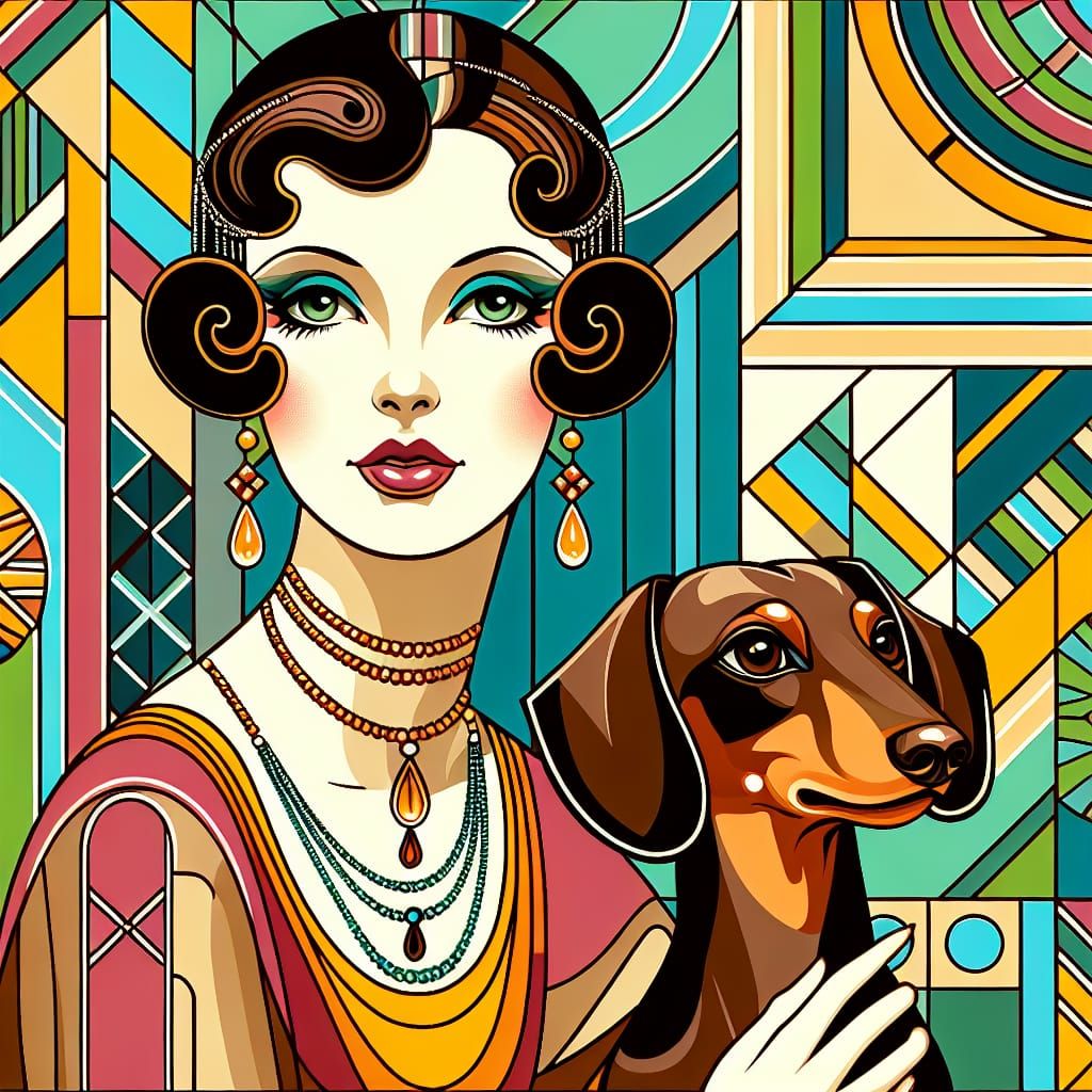 Art Deco portrait of a Lady with a Dachshund