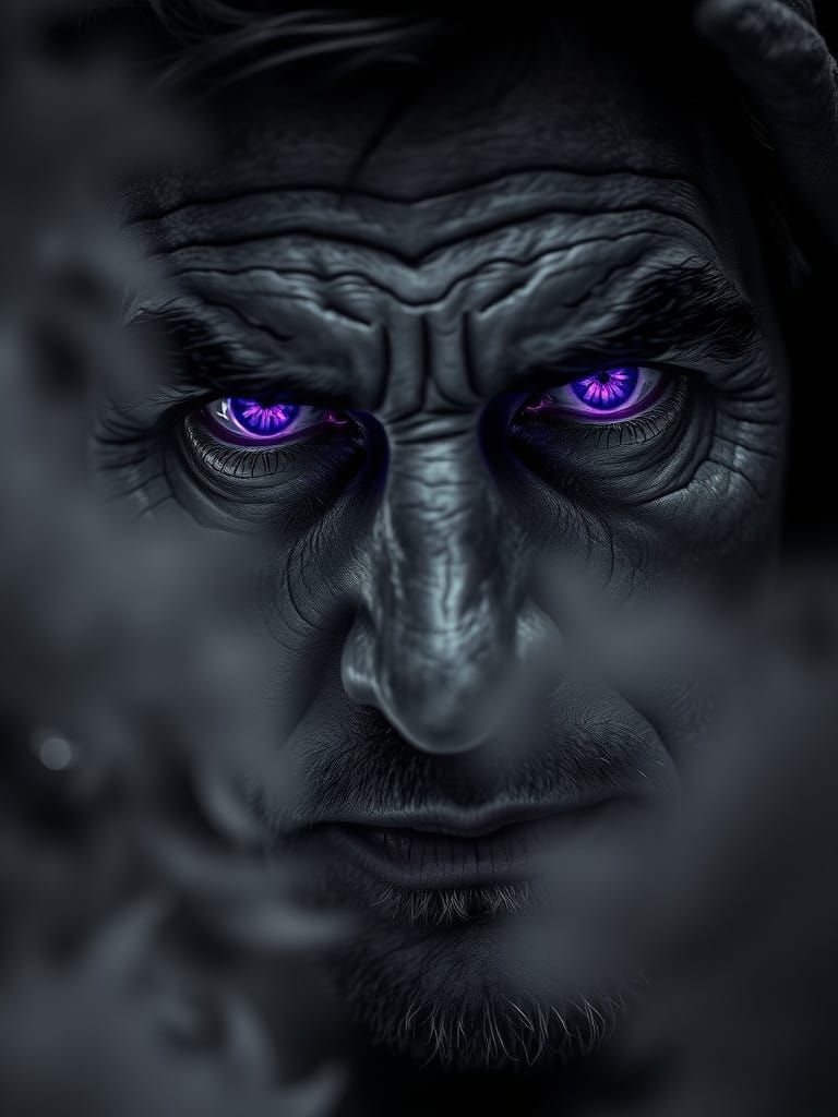 Hyperrealist Portrait of a Man with Glowing Purple Eyes in a...