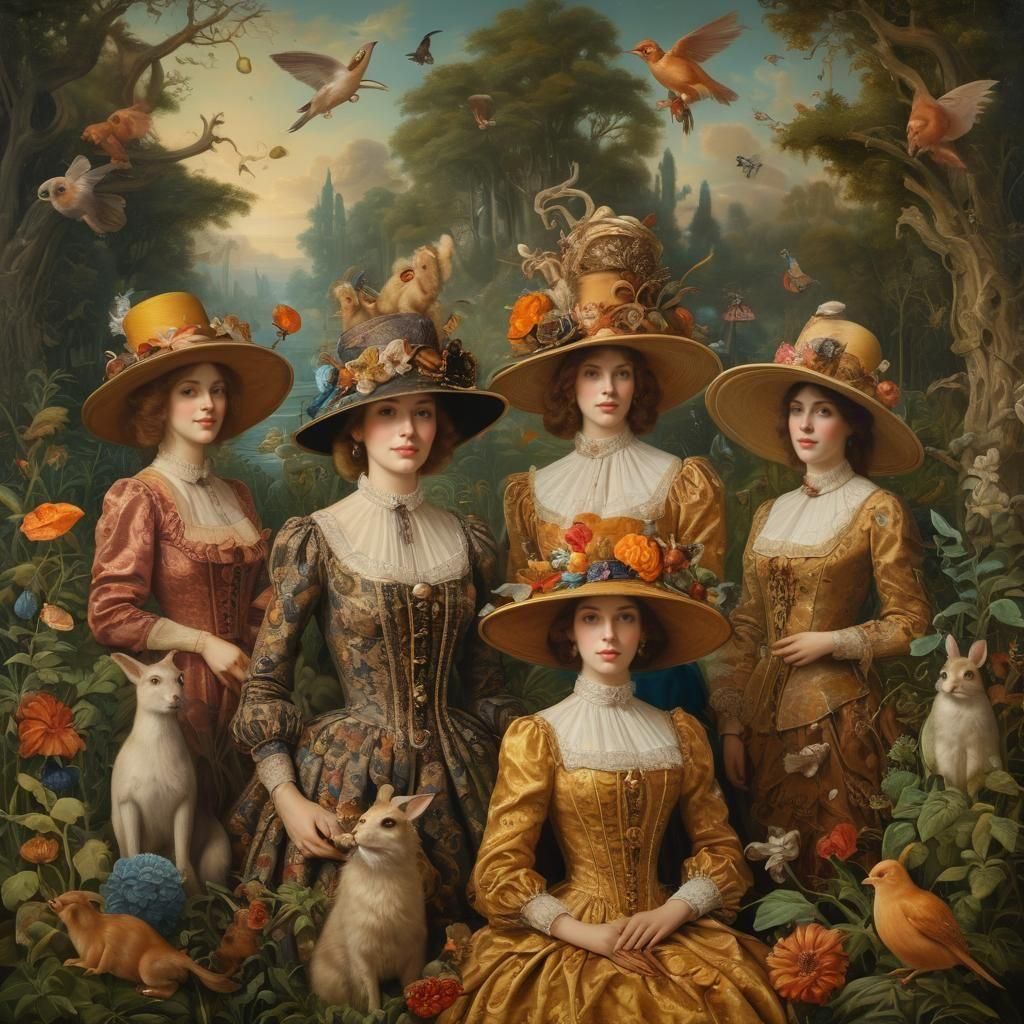 Elegant Ladies in Surreal Landscape, Classical Style