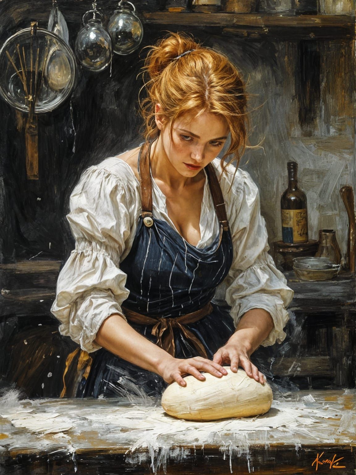 Redhead Baker with Dough as Impasto Painting