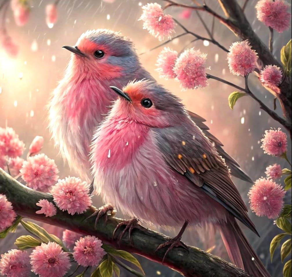 Pink Robins in Watercolour Dawn Scene