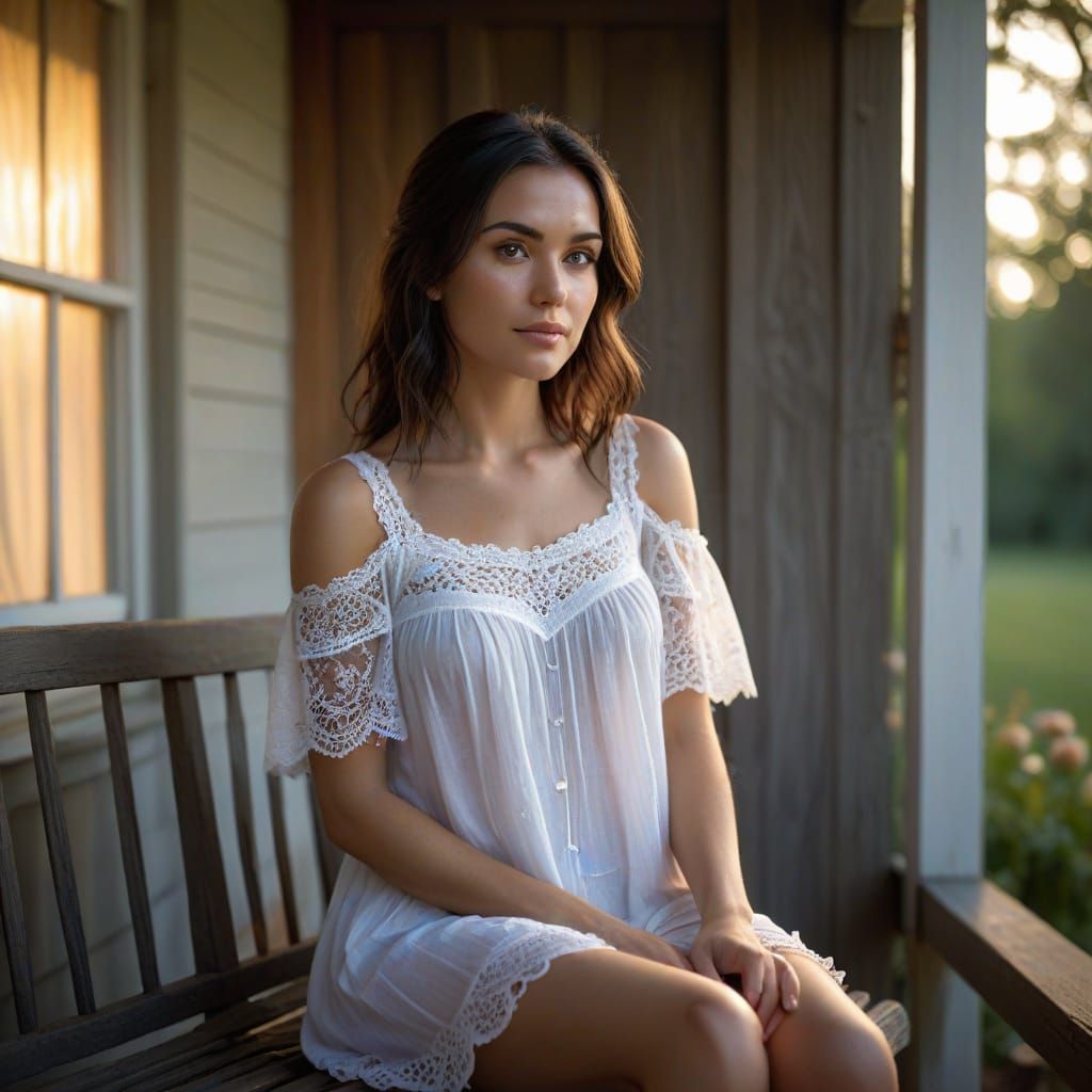 Woman on Porch at Golden Hour, Hyperrealistic Concept Art
