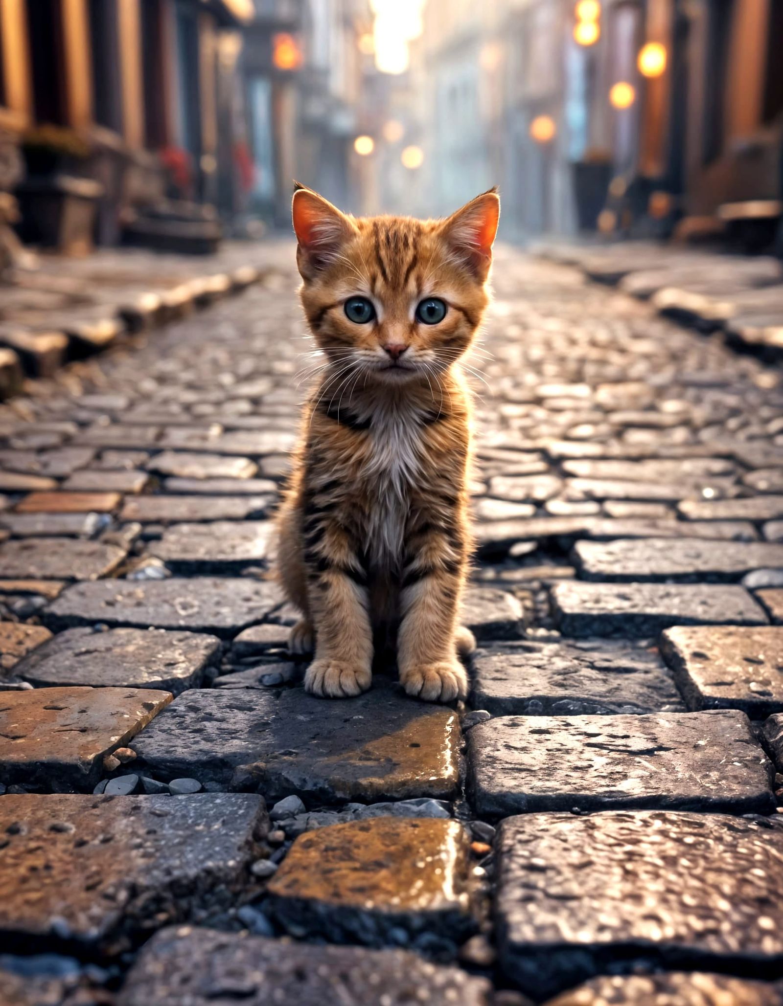 Kitten in Cobbled Street: Vaporwave Tilt-Shift