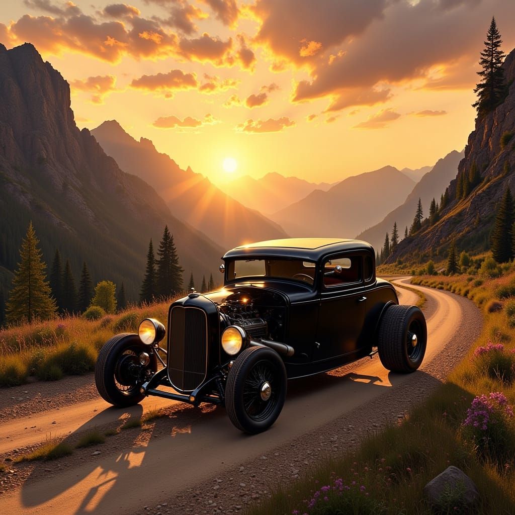Gothic 1932 Hotrod Coupe Amidst Sunset Landscape