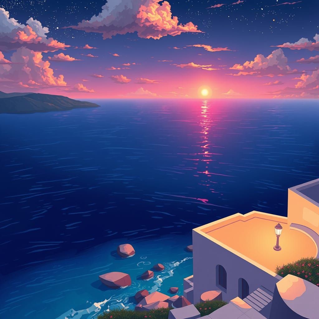Surreal Aegean Sea Landscape in Cel-Shaded Anime Style