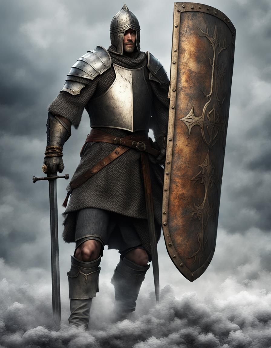 Medieval Knight with Tower Shield on Battlefield