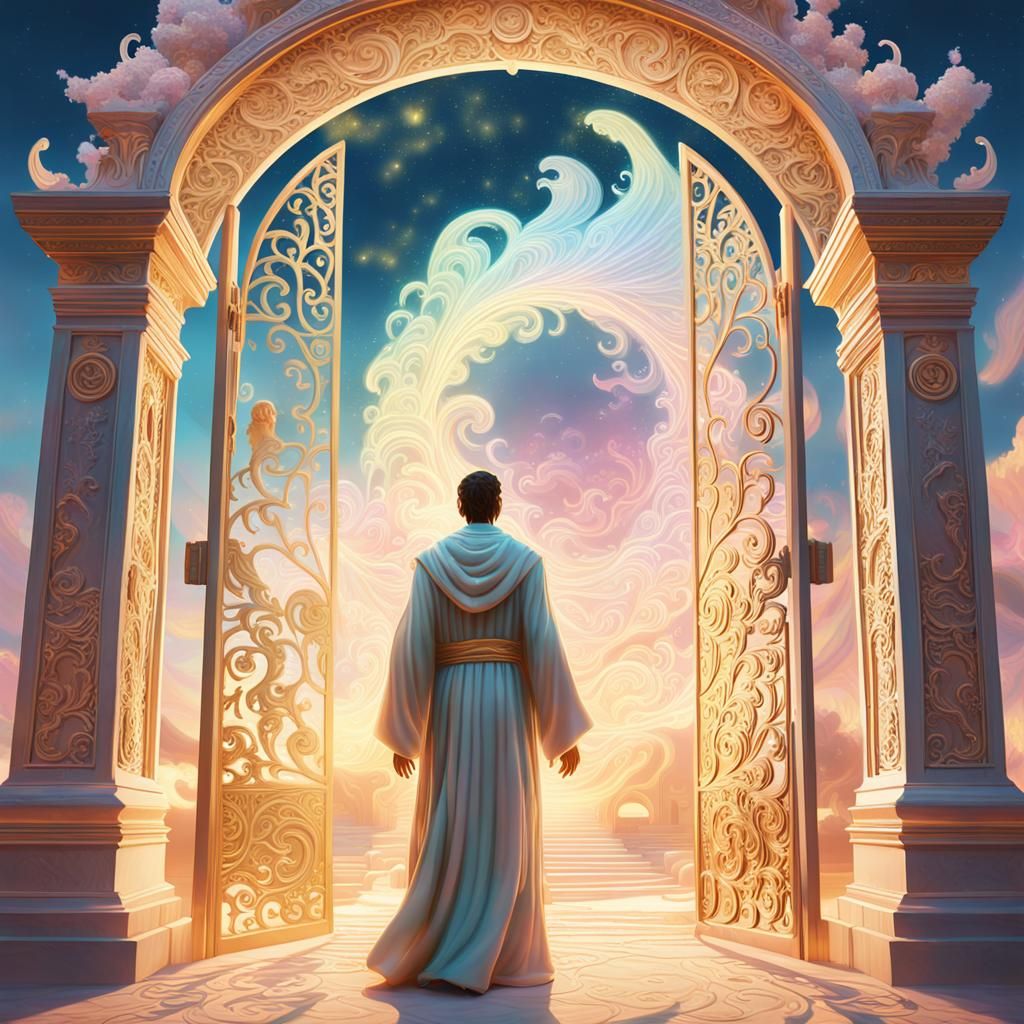 Ethereal Figure at Paradise Gate in Dreamlike Fantasy