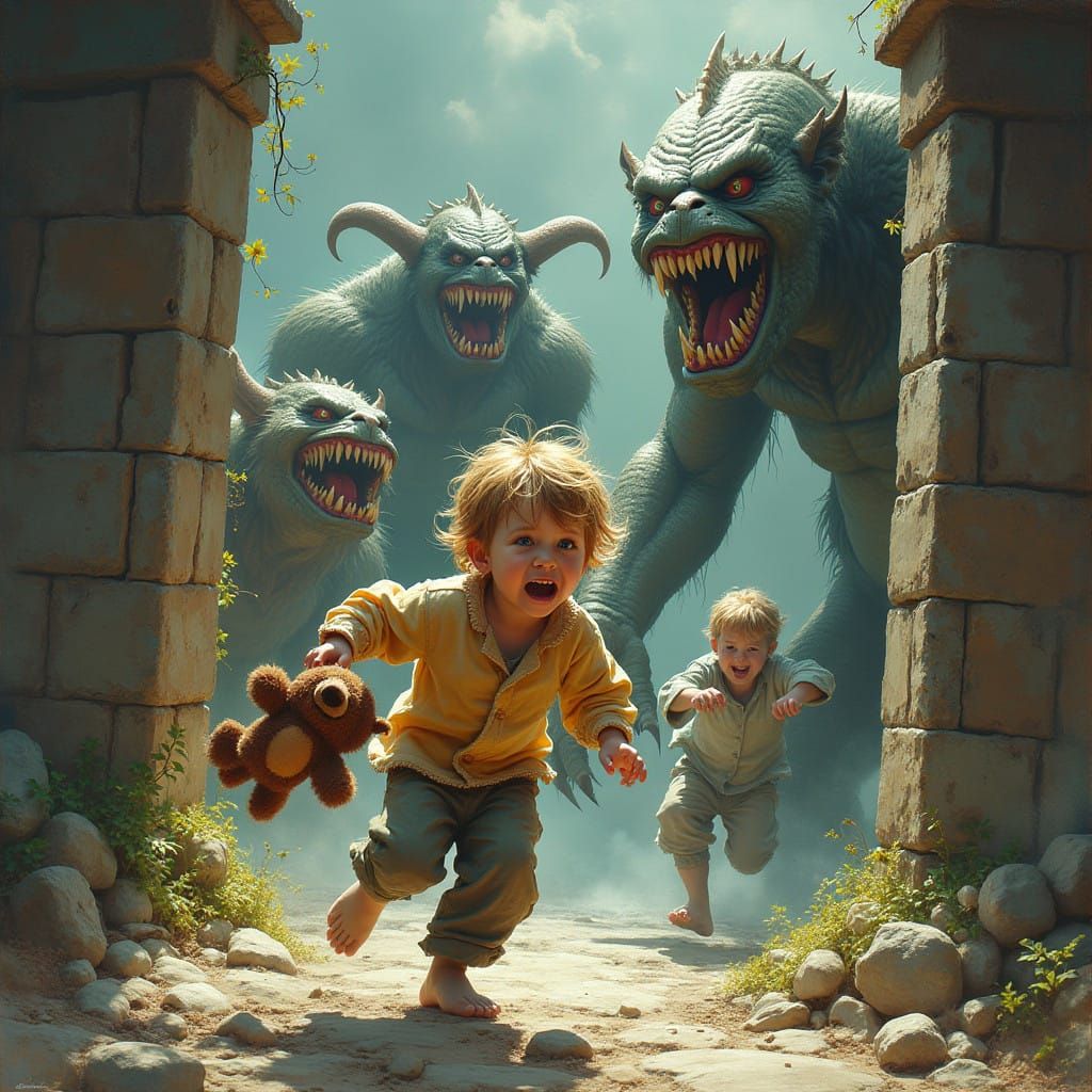 Fantasy Boy Escapes Canvas with Fearsome Creatures in Pursui...