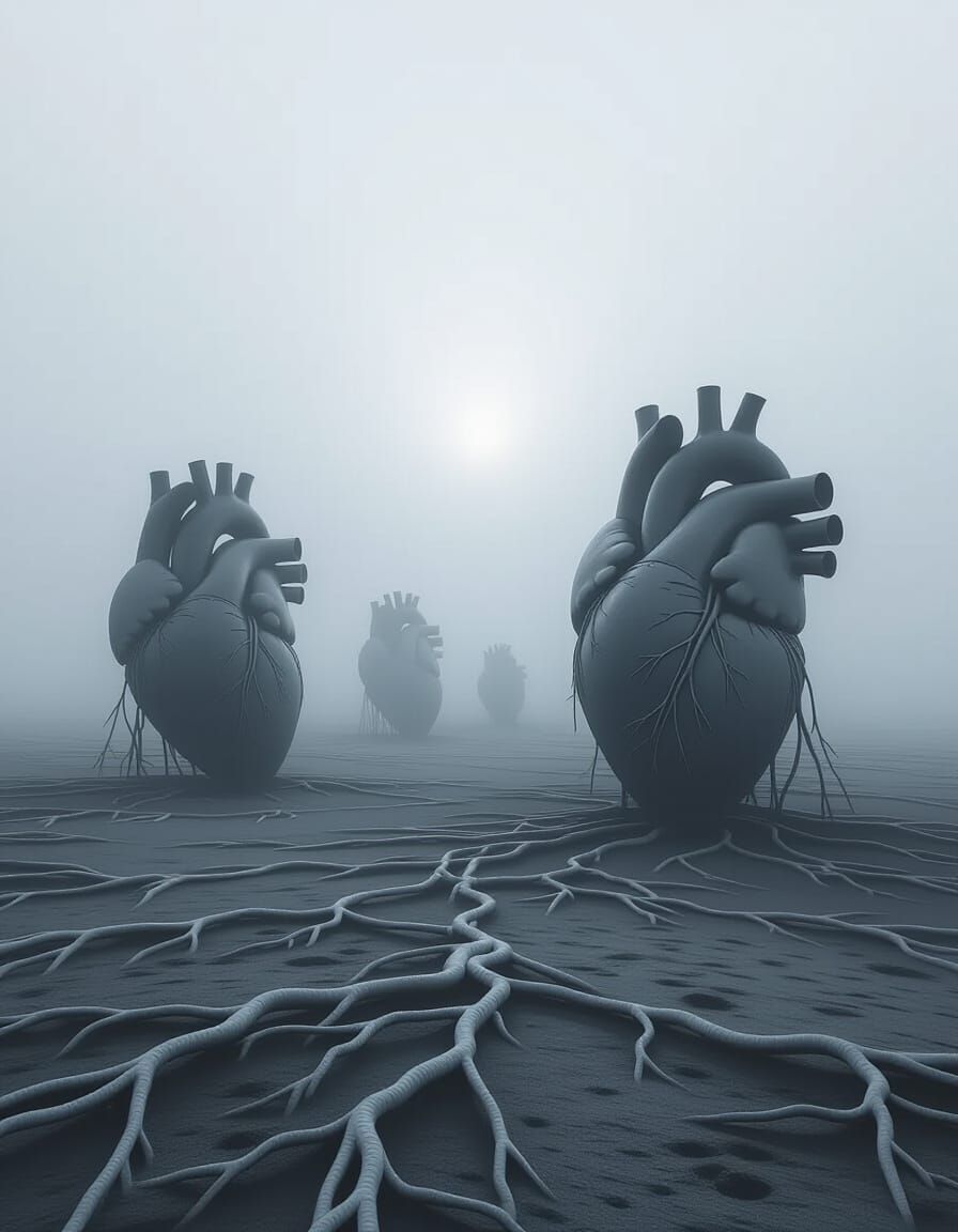 Surreal Foggy Landscape with Giant Hearts and Silver Roots