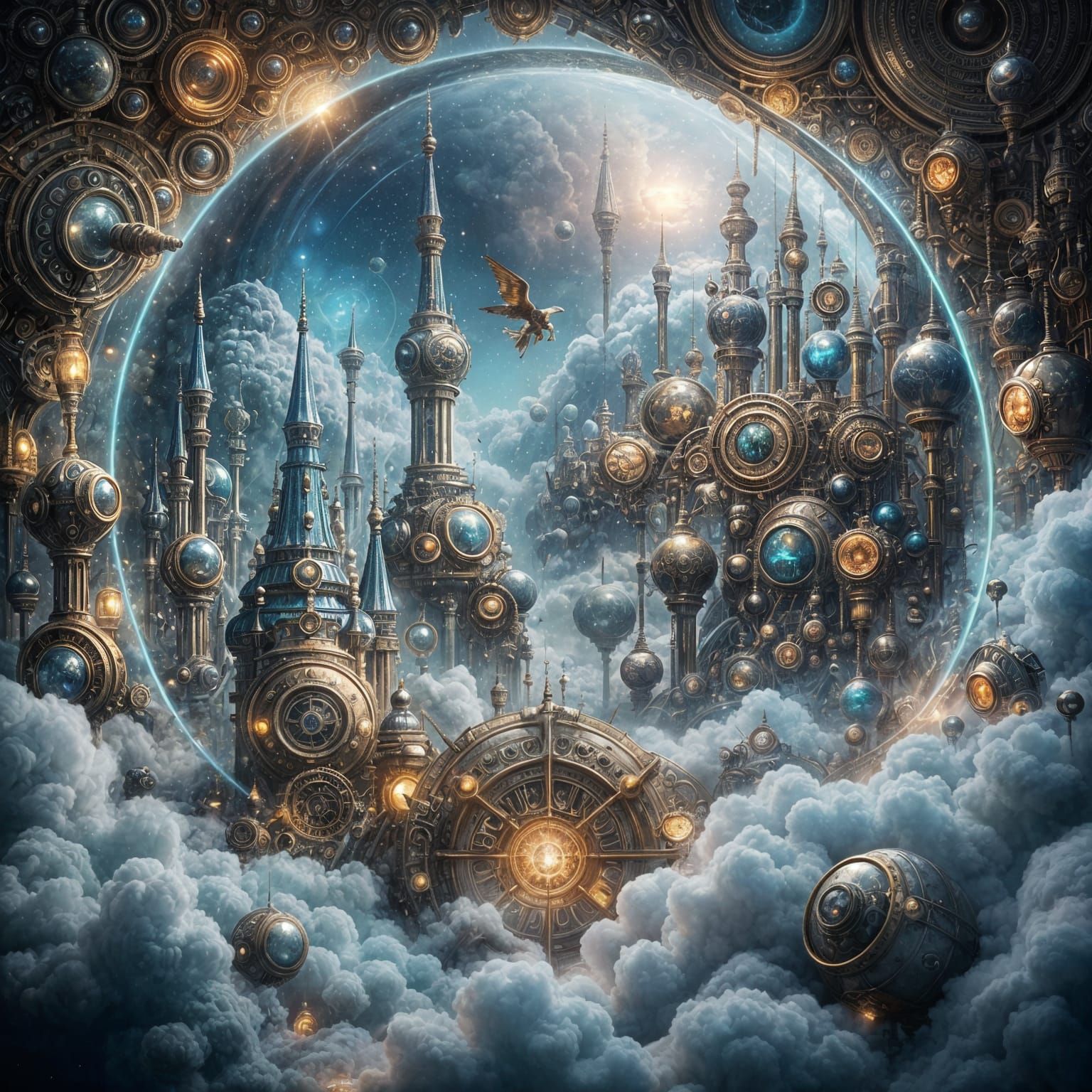 Steampunk World in Ethereal Bubble with Magical Runes