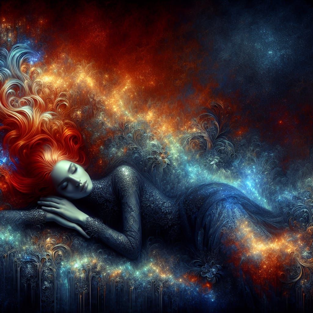 Noir Dreamscape: Red-Haired Woman in Electric Blue and Gold