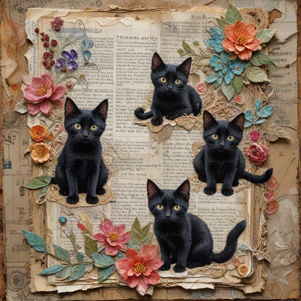 Whimsical Black Cat Collage in Watercolor and Mixed Media