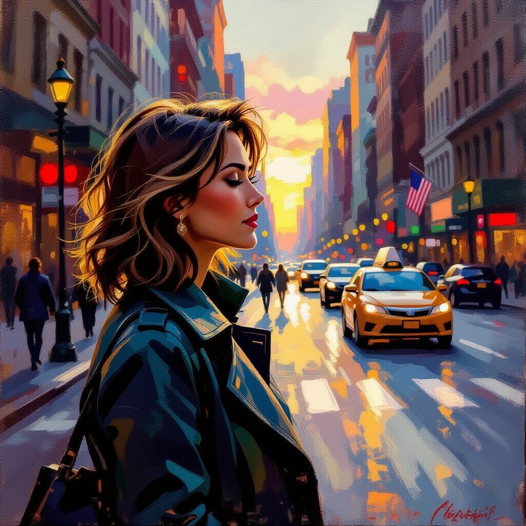 Golden Hour City Serenity in Impressionist Oil Painting Styl...