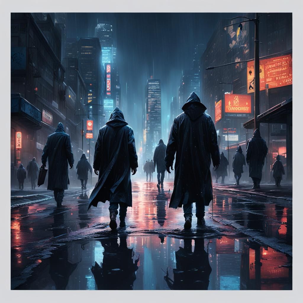 Ominous Shadow Figures in Corrupt Cityscape