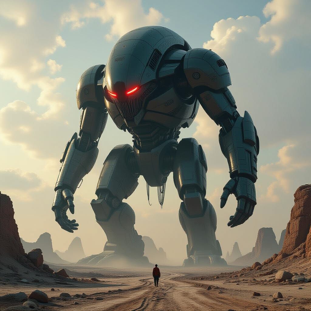 Colossal Biomechanical Monster in Dark Surreal Landscape