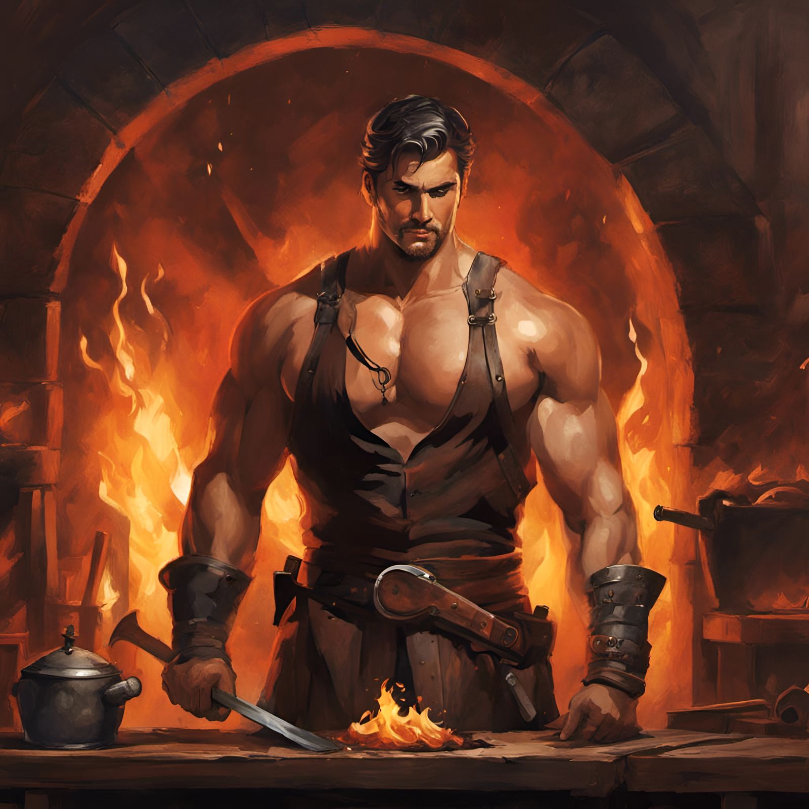 Blacksmith at Forge: Medieval Fantasy Watercolor