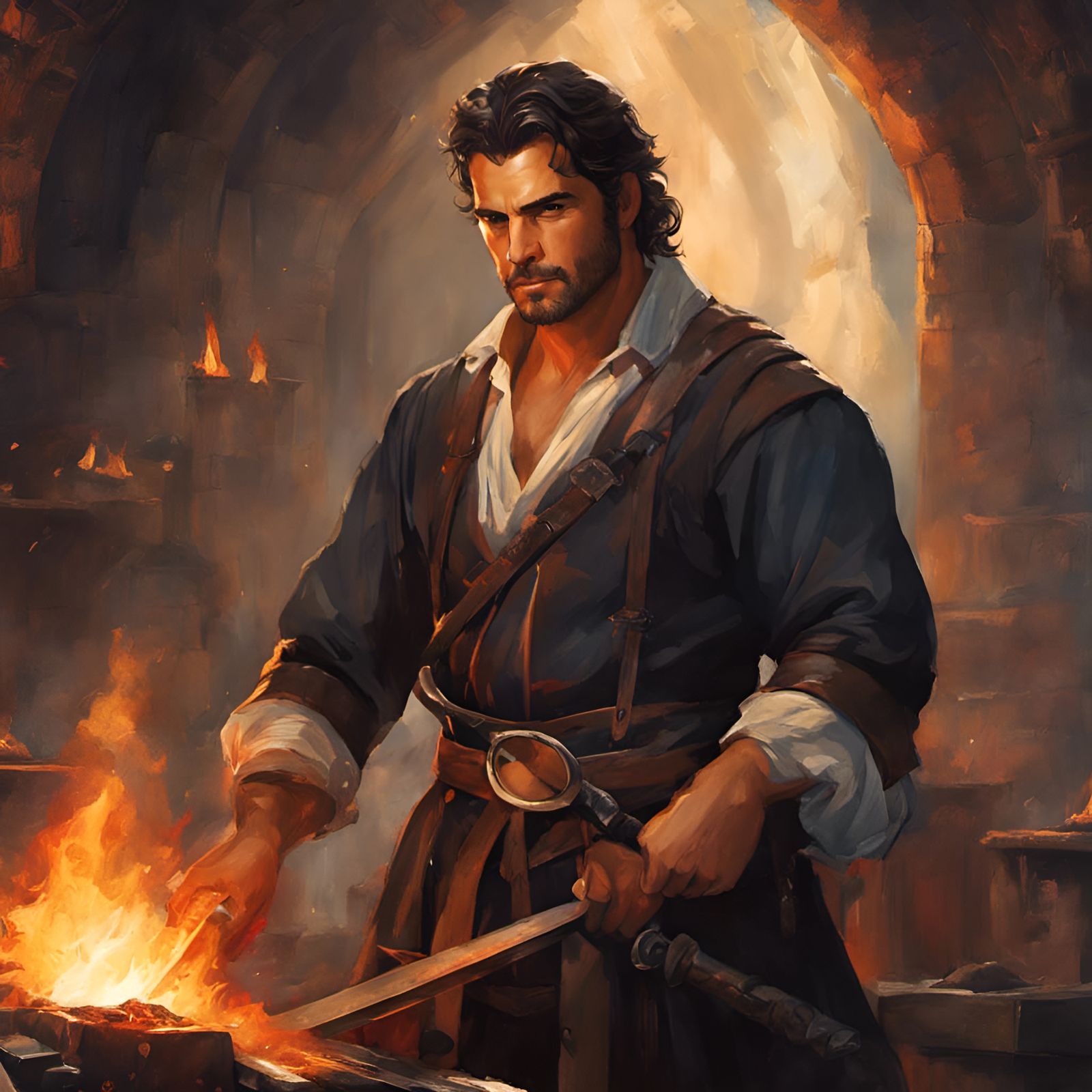 Blacksmith at the Forge: Watercolor Painting by Ghibli