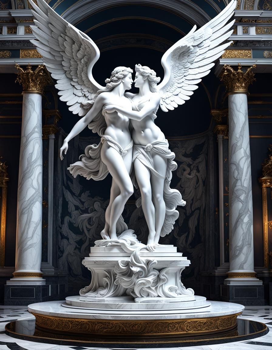 Hyper-detailed sculpture of Eros and Psyche made of Carrara marble, full-length masterpiece., 8k resolution, dark fantas...