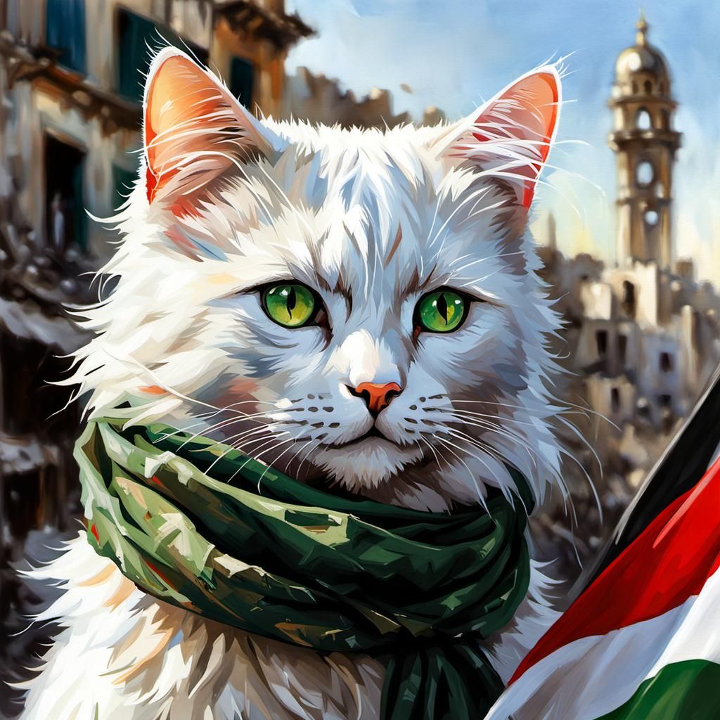 Palestinian Cat in Bombed City: Dark Fantasy Art