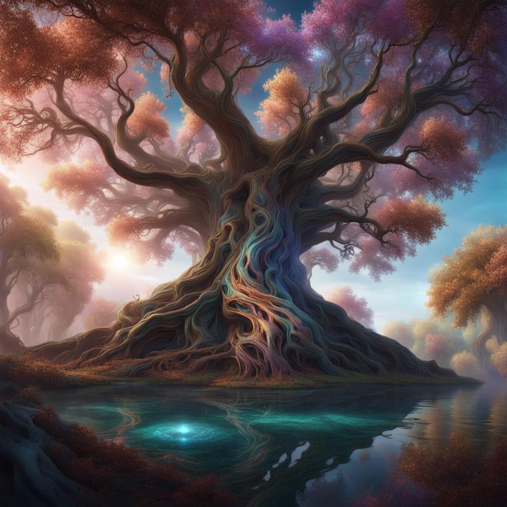 Colossal Crystalline Tree in Fantasy Landscape