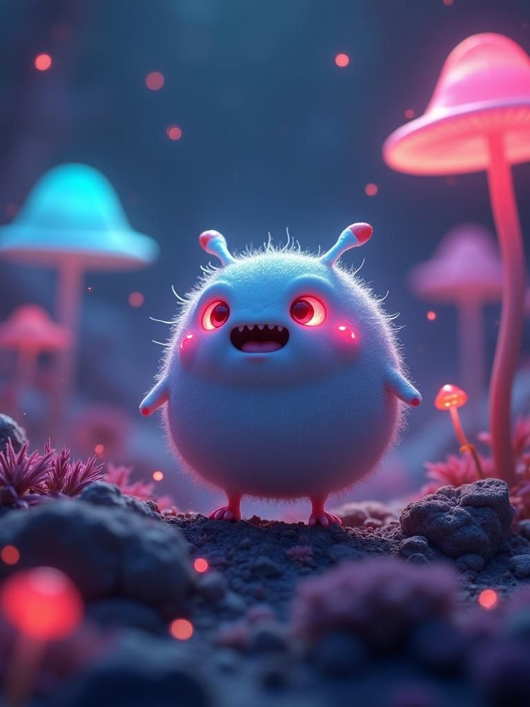 Cute Alien Creature on Bioluminescent Planet in 3D