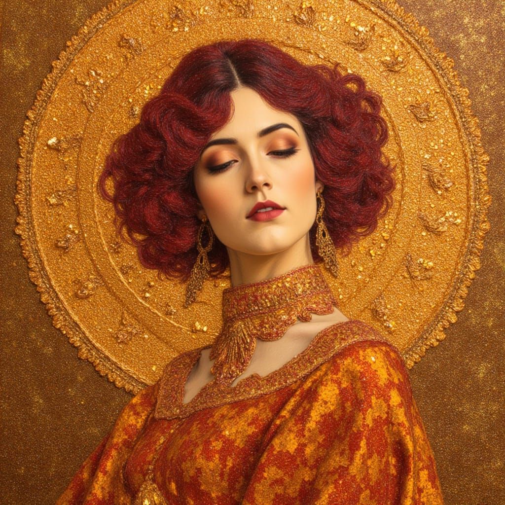 Nature Goddess in Gold and Crimson Hues