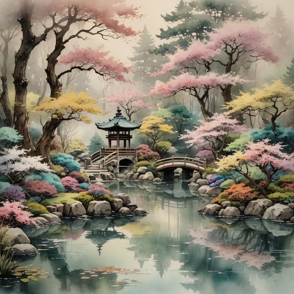 Ethereal Japanese Garden in Watercolor Wash Style
