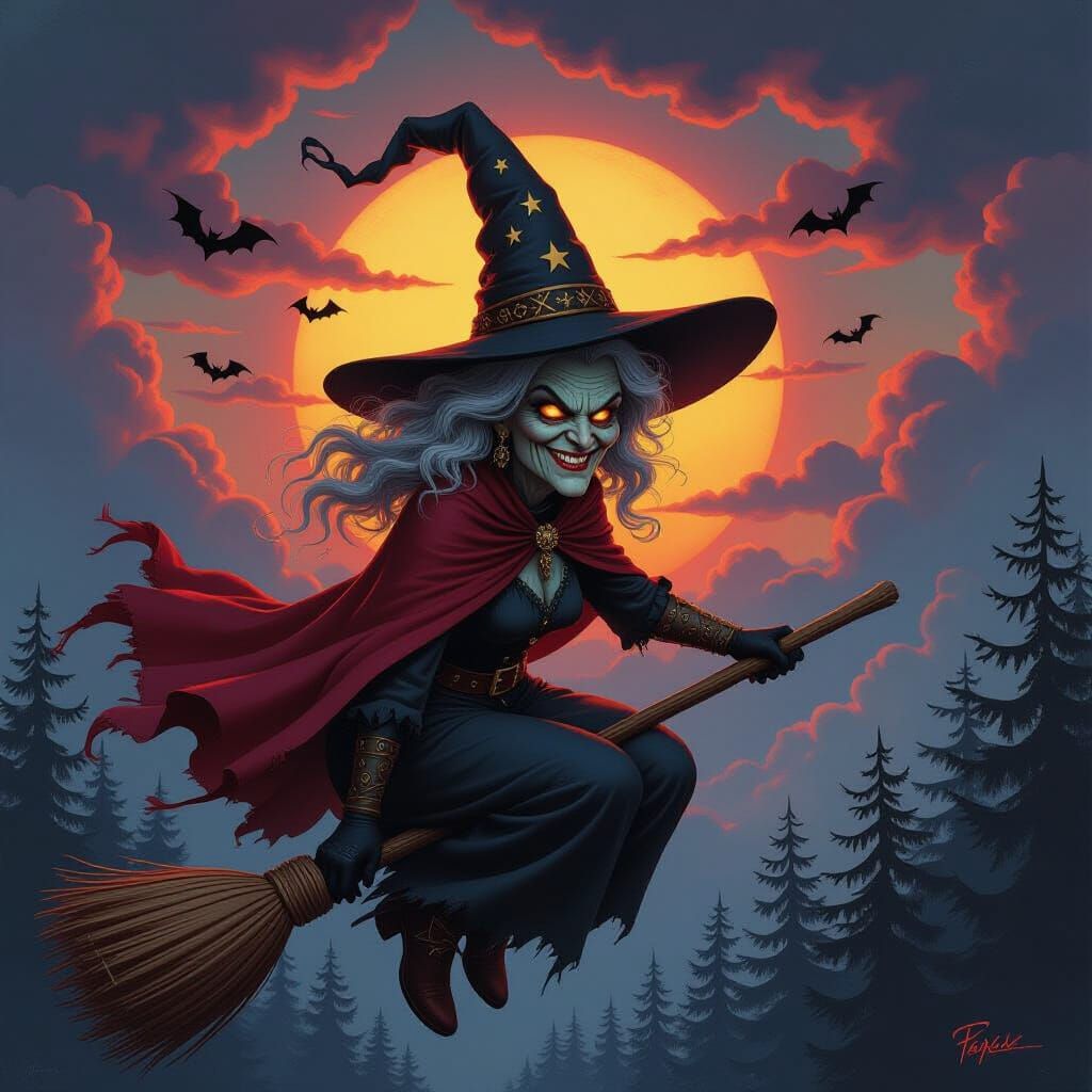 Dramatic Fantasy Oil Painting of Witch Flying at Dusk