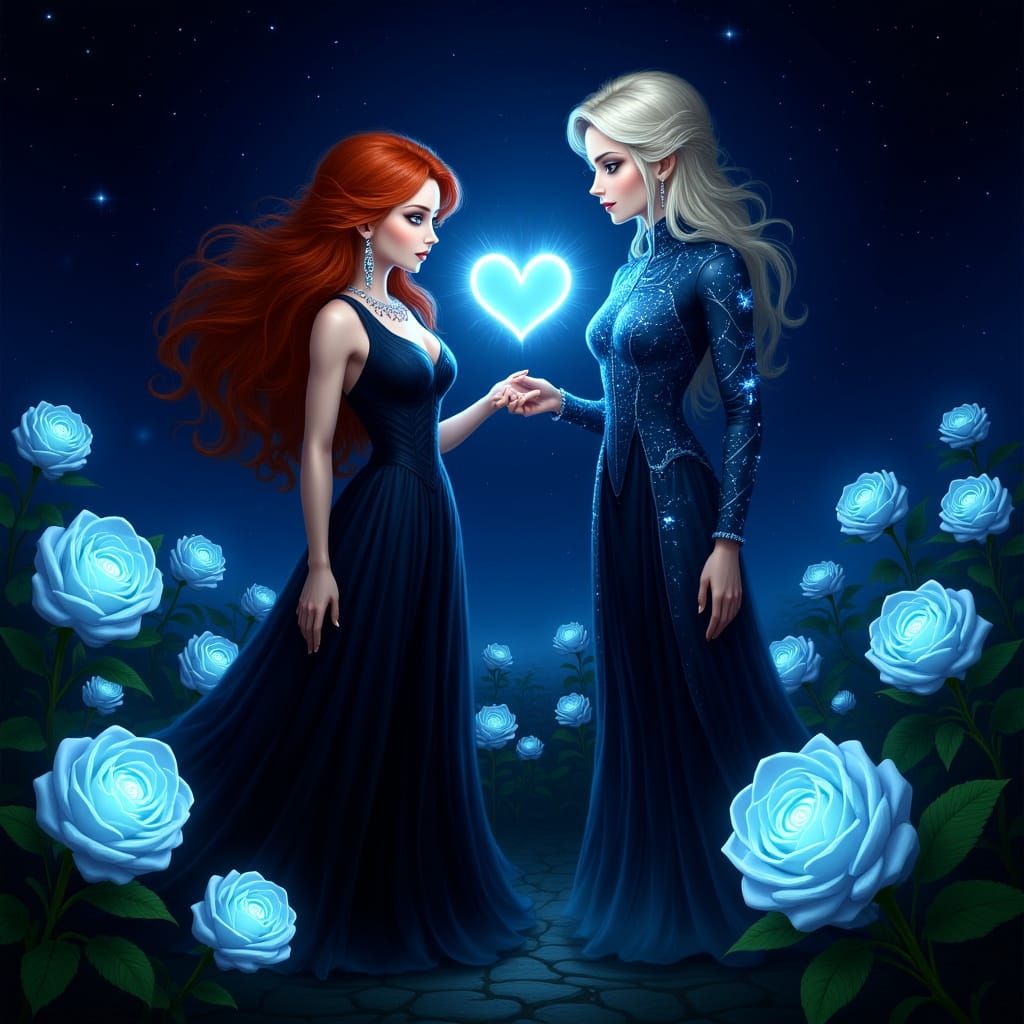 Two Women in Moonlit Garden with Glowing Roses