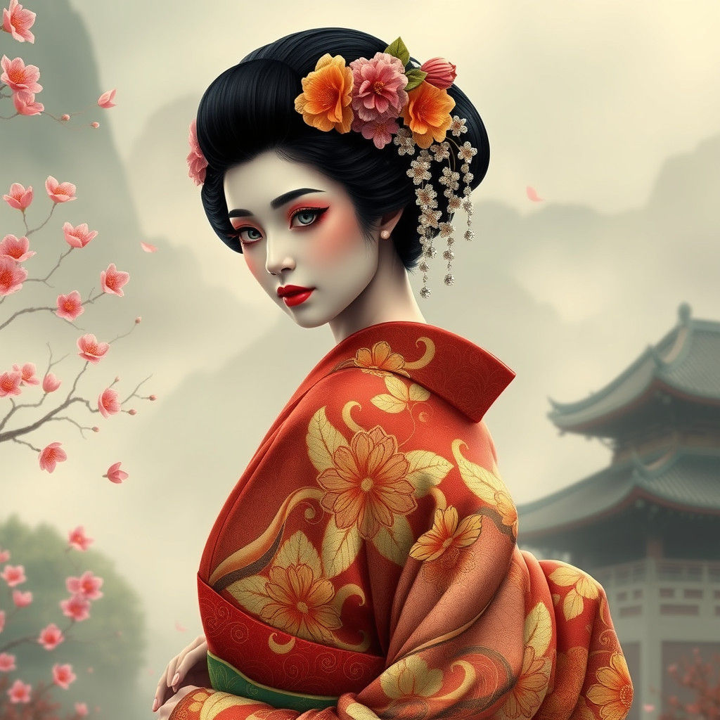 Geisha in Kimono with Cherry Blossoms