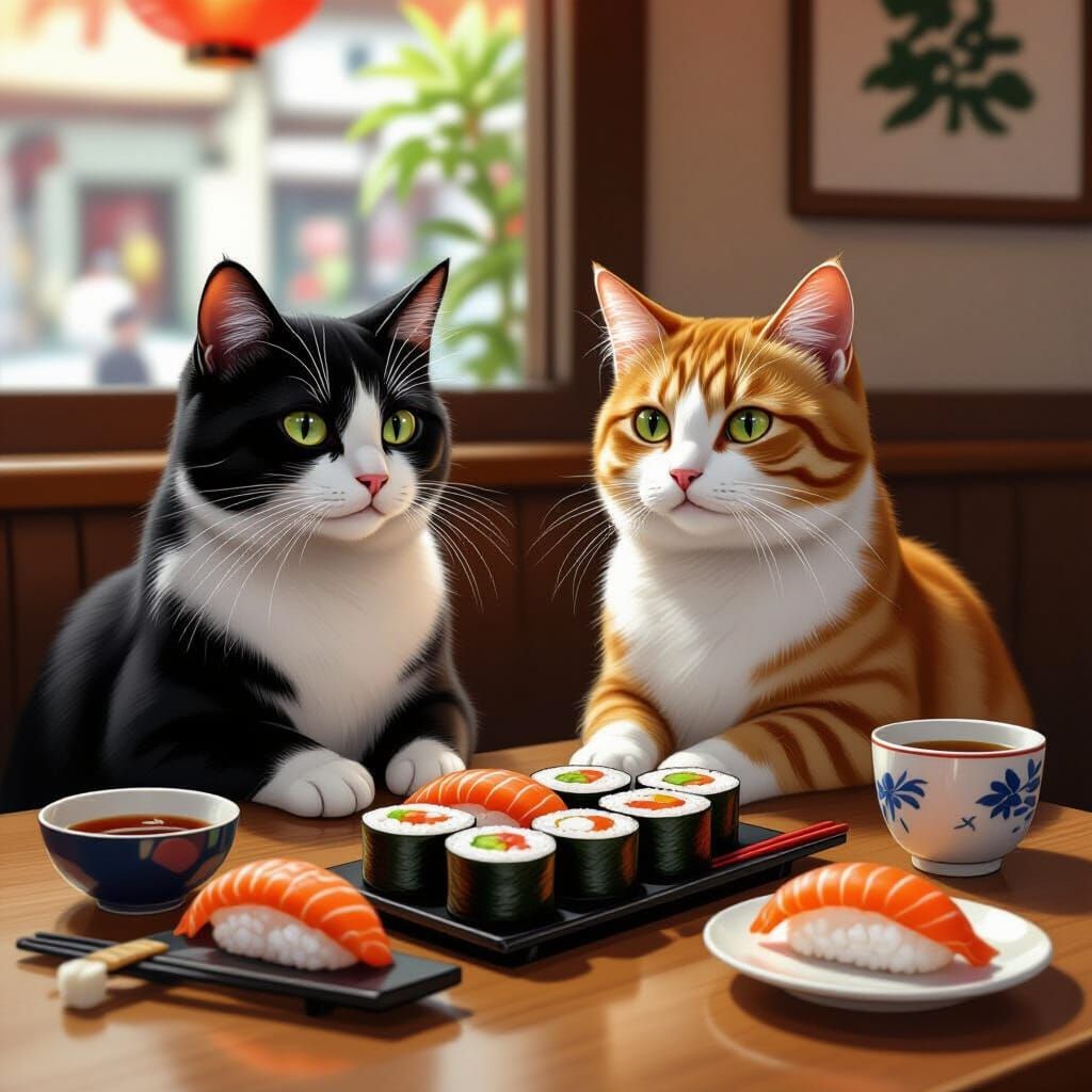 Two Cats Enjoy Sushi at a Restaurant, Digital Painting