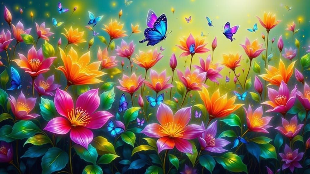 Rainbow Flowers and Butterflies in Golden Light