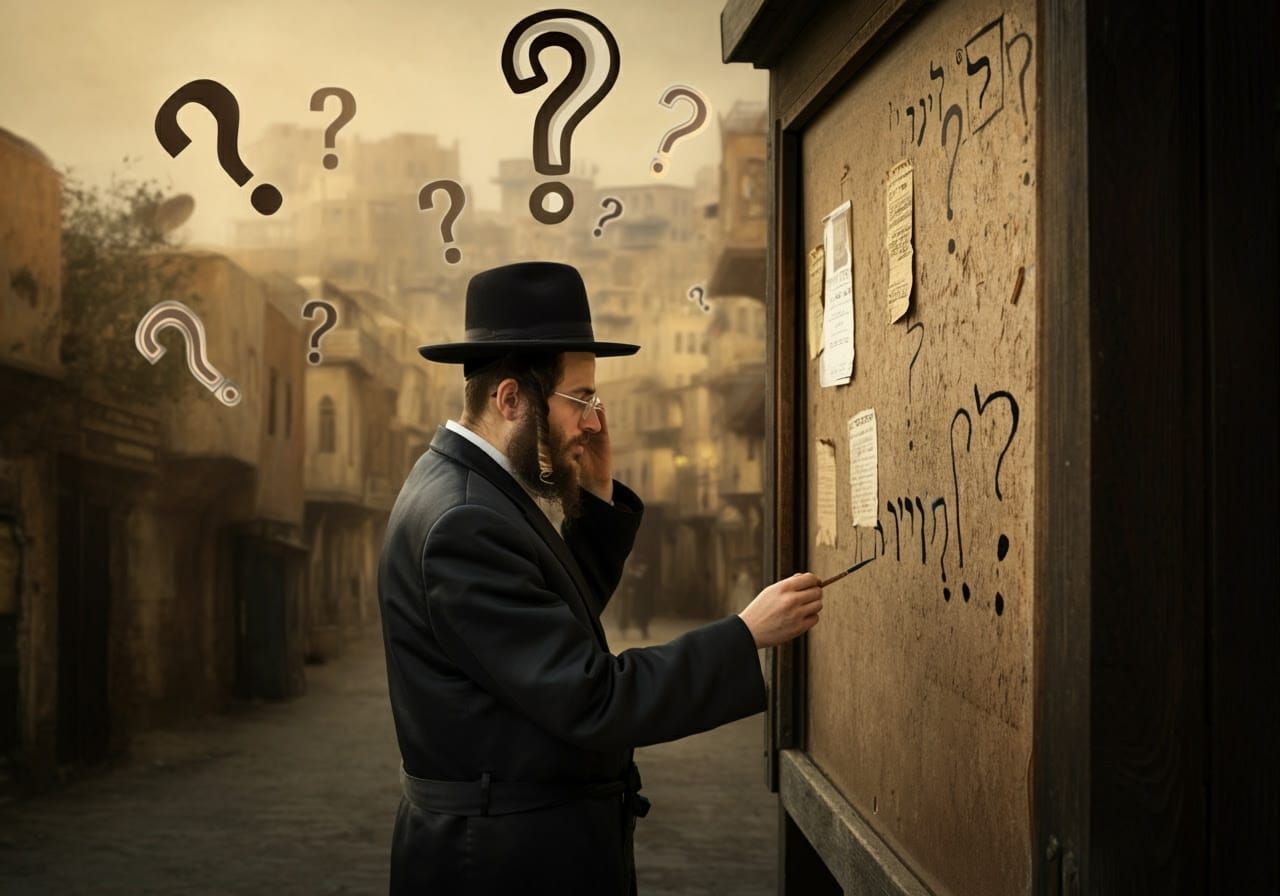 Contemplative Hasidic Man Studies Riddle on Noticeboard
