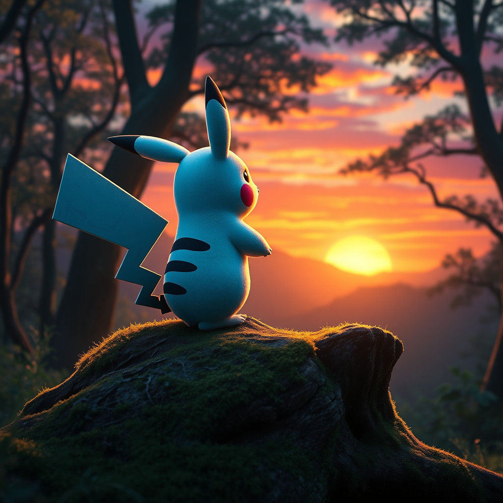Blue Striped Pikachu Gazing at Sunset