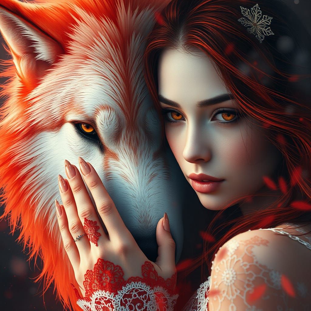 Mystical Woman and Wolf in Fiery Mane