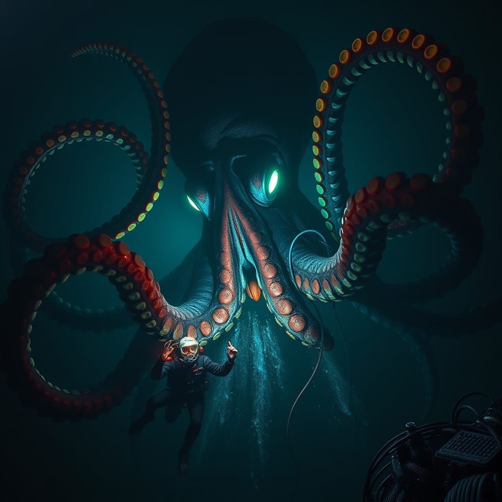 Giant Mutated Octopus Attacks Scuba Diver in Deep Sea
