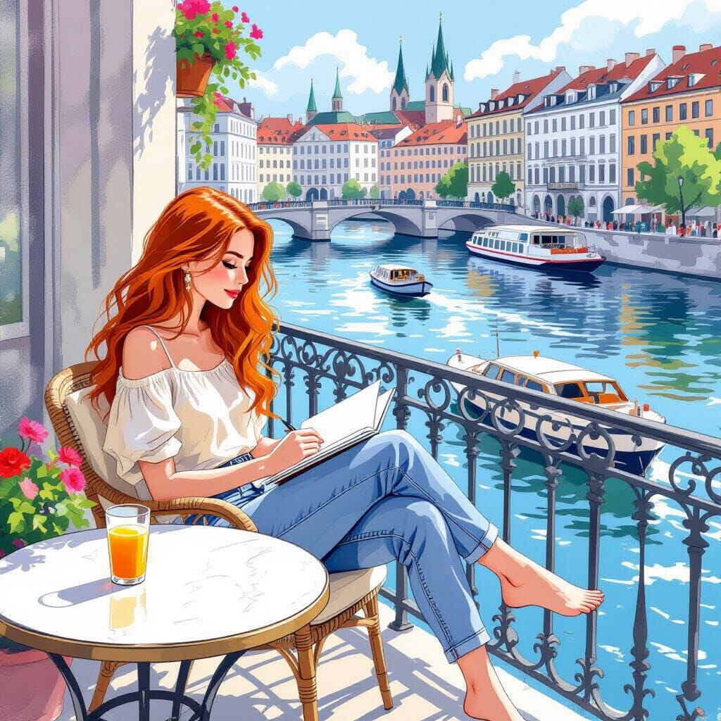 Woman Sketching on Vienna Balcony Overlooking Canal