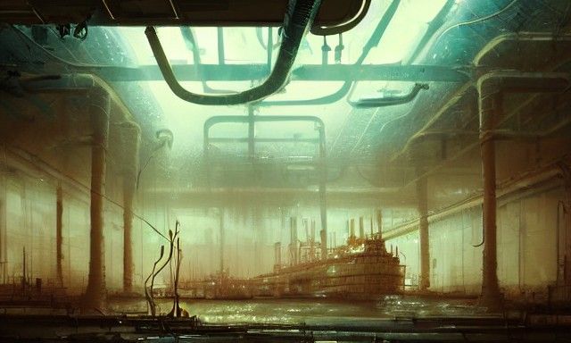 Flooded Boiler Room with Alchemists in Volumetric Lighting