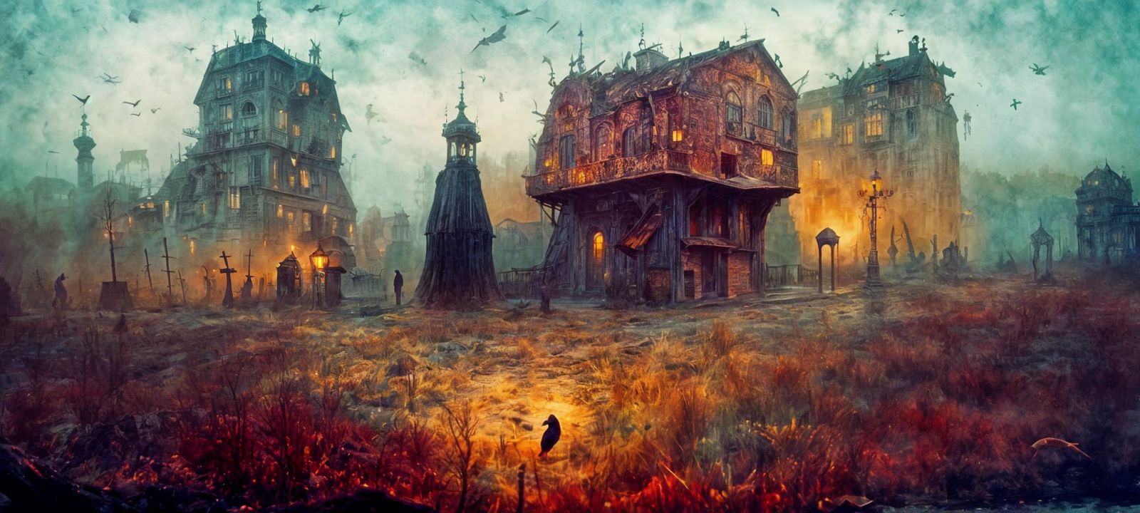 Surreal Carnival Village in Dark Art Aesthetic