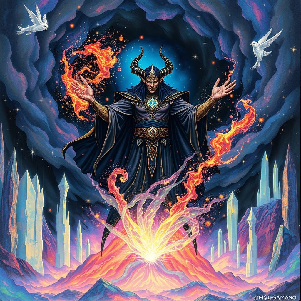 Sorcerer Masters Cosmic Vortex in Visionary Art Style