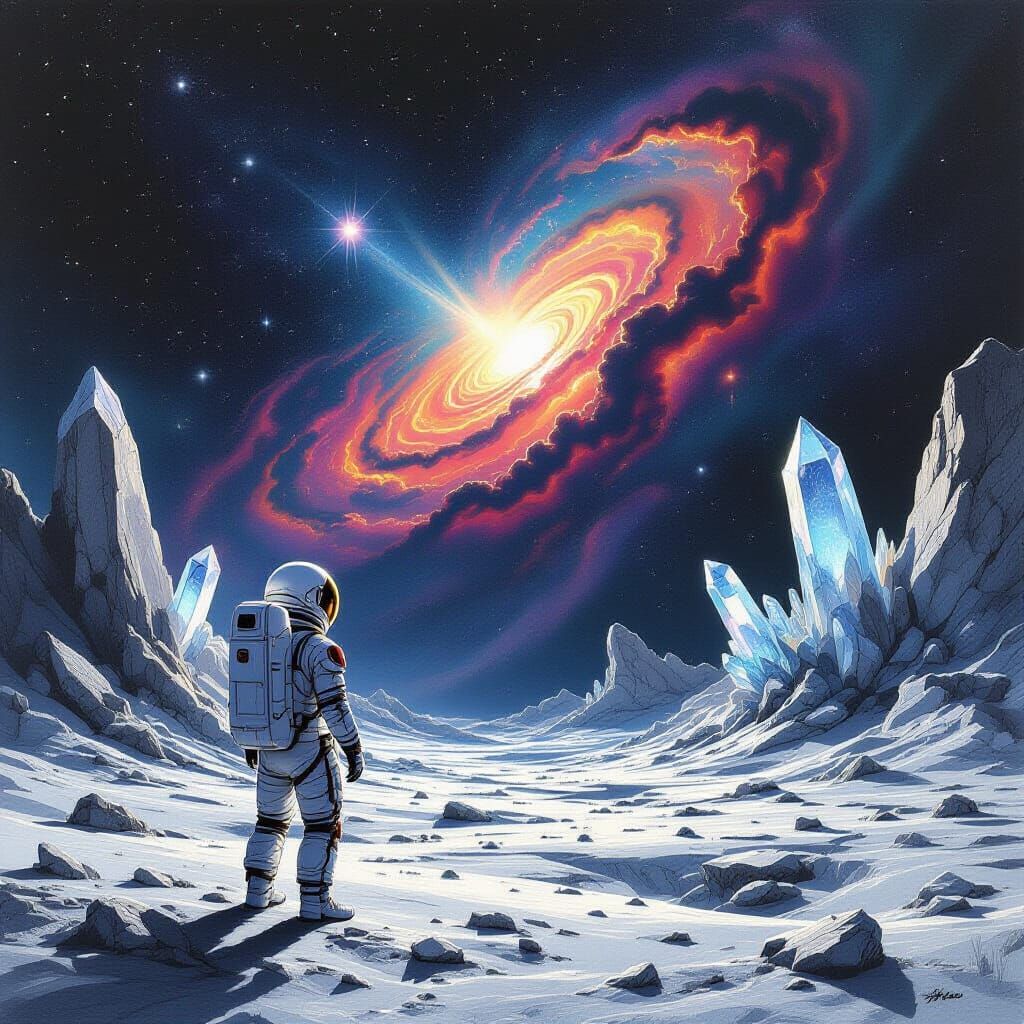 Astronaut Gazes at Nebula on Alien Planet in Pencil Sketch S...