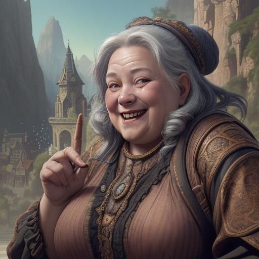 fat old woman grinning, hyper-real,