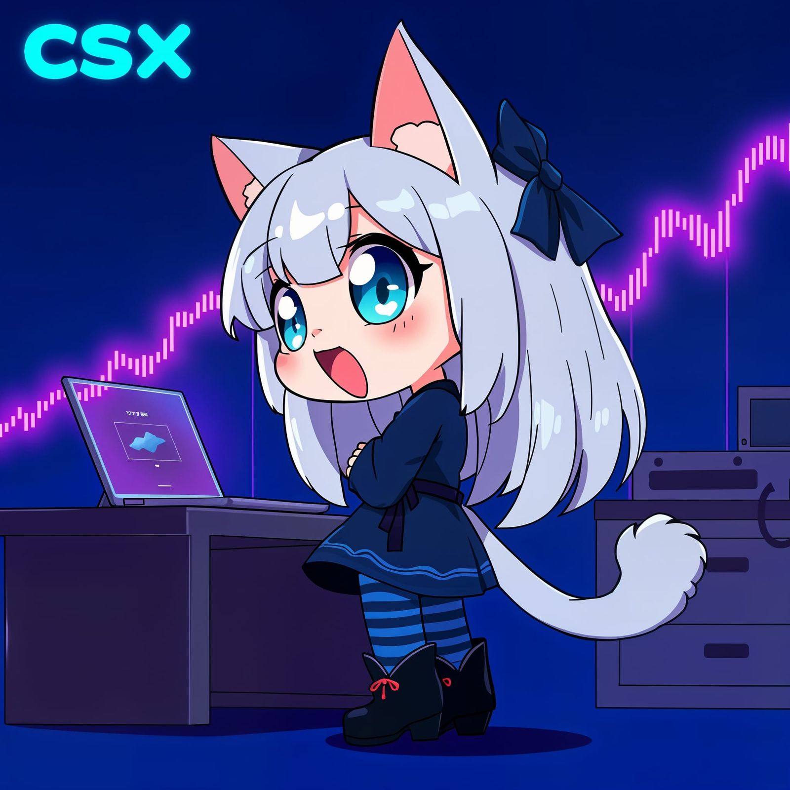 Adorable Chibi Catgirl Amazed by Stock Market Chart