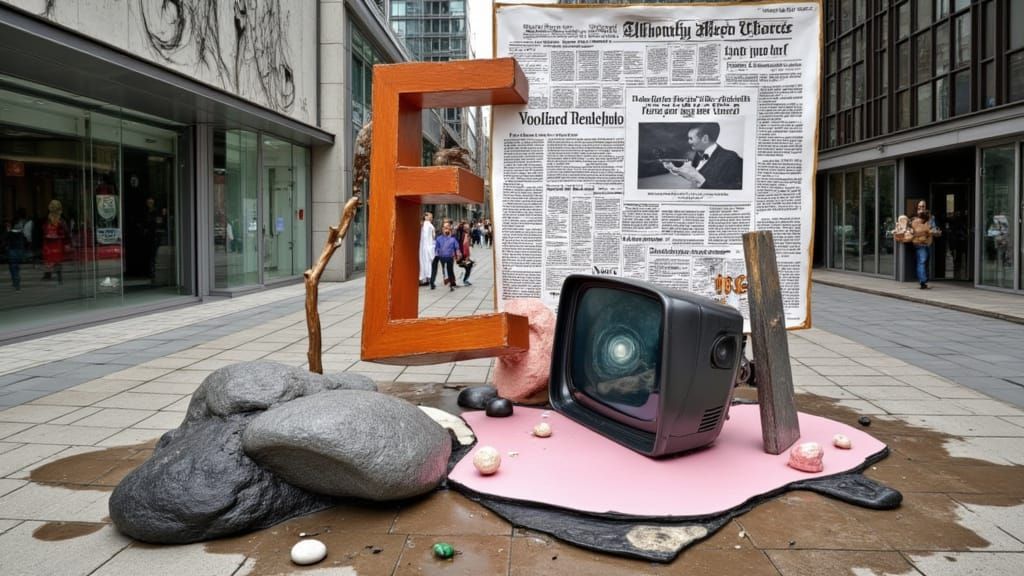 Surreal Sculpture on Giant iPhone with Newspaper Headline