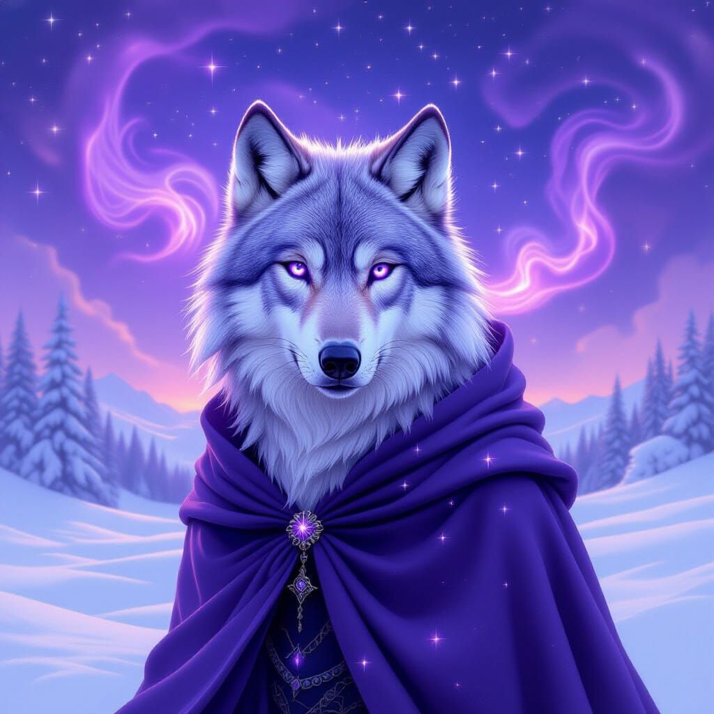 Stardust Wolf in Snowscape with Cosmic Backdrop