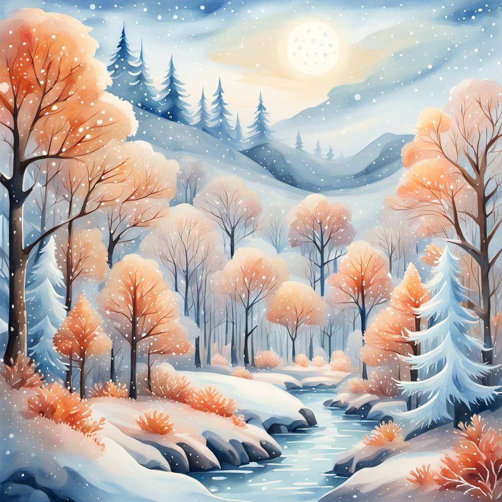 Enchanted Winter Forest in Watercolor Style