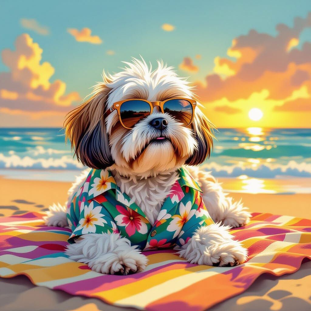 Chill Shih Tzu Dog in Hawaiian Shirt on Beach