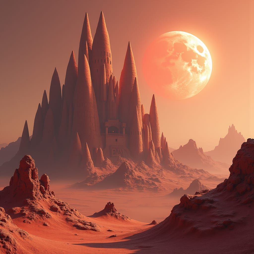 Futuristic Castle on Alien Planet with Two Moons