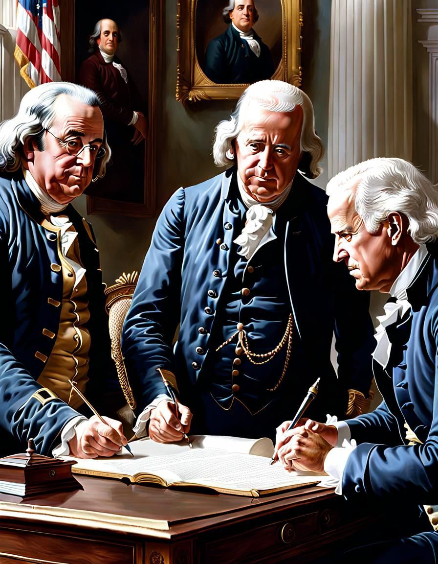 Ben Franklin, Thomas Jefferson, and Joe Biden writing the Declaration of Independence
