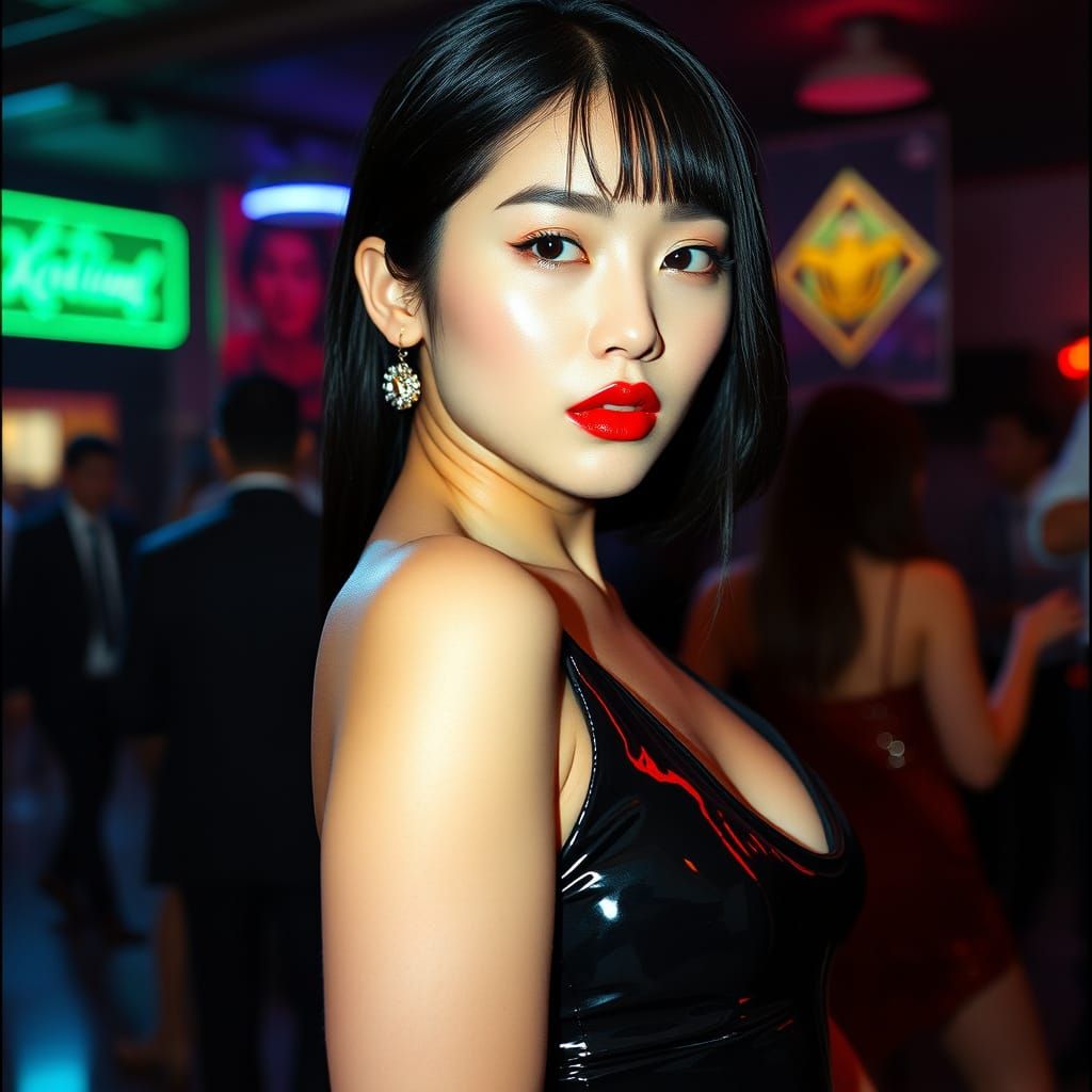 Glamorous Woman in Black Latex Gown at Nightclub, Inspired b...
